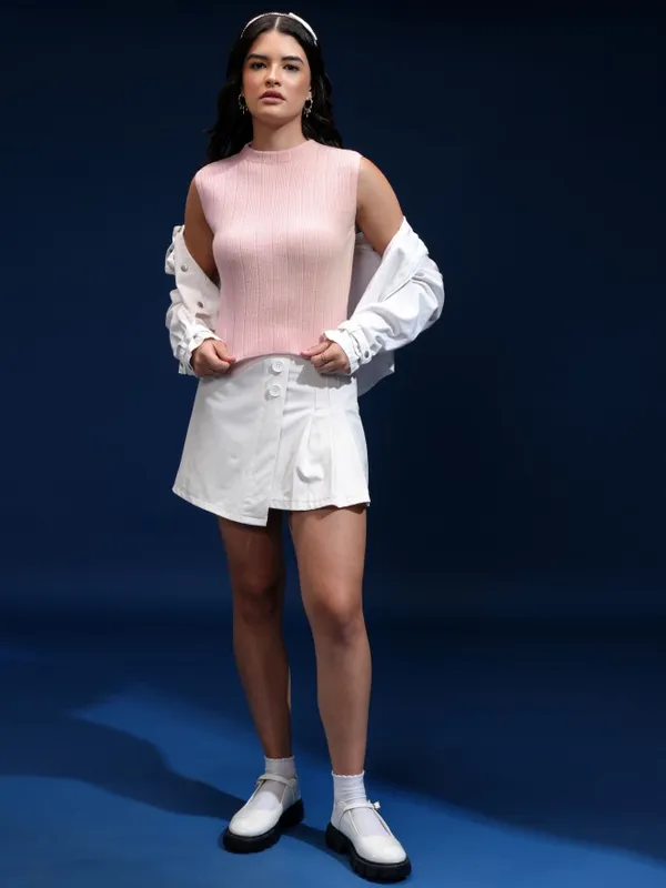 Tokyo Talkies Women Pink Mock Collar Sweater