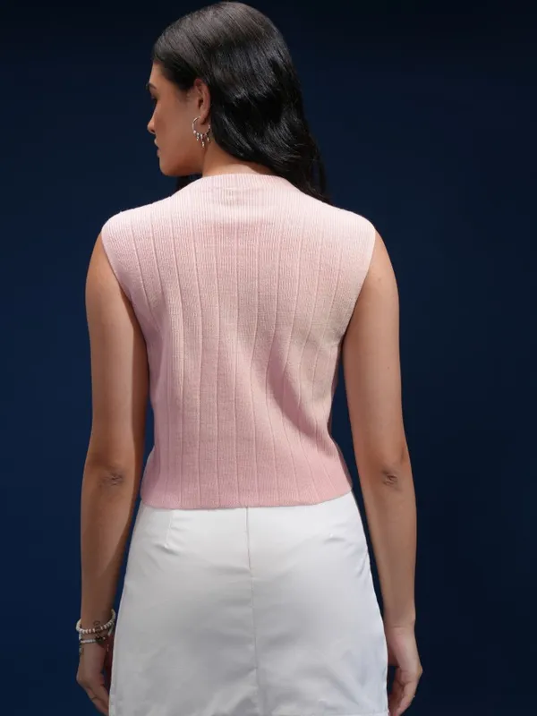 Tokyo Talkies Women Pink Mock Collar Sweater