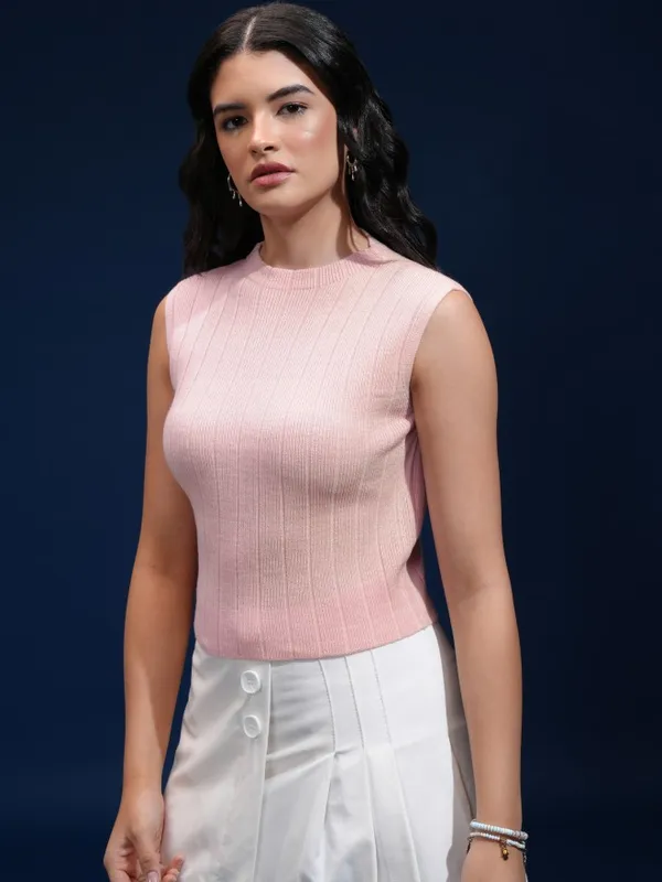 Tokyo Talkies Women Pink Mock Collar Sweater