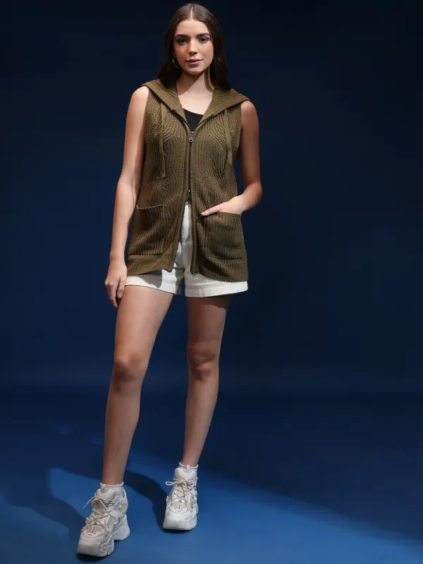 Tokyo Talkies Women Green Hood Sweater