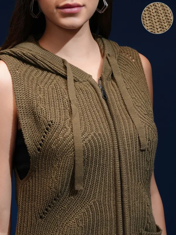 Tokyo Talkies Women Green Hood Sweater