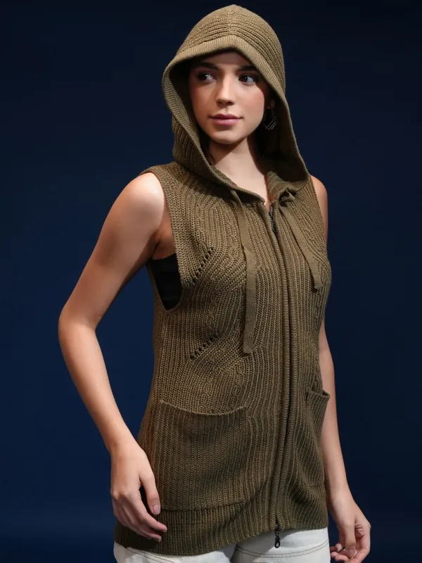 Tokyo Talkies Women Green Hood Sweater