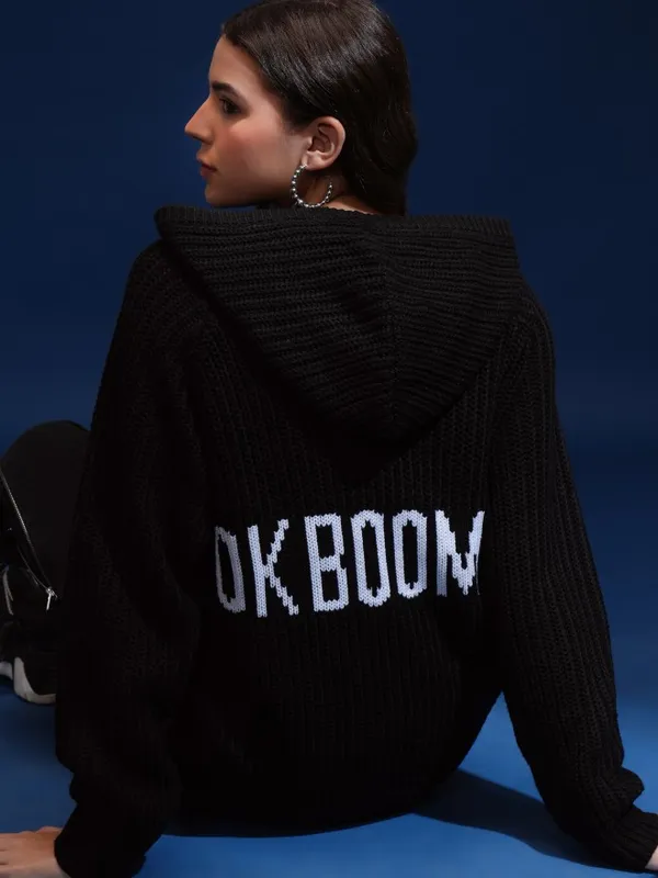 Tokyo Talkies Women Black Hood Sweater