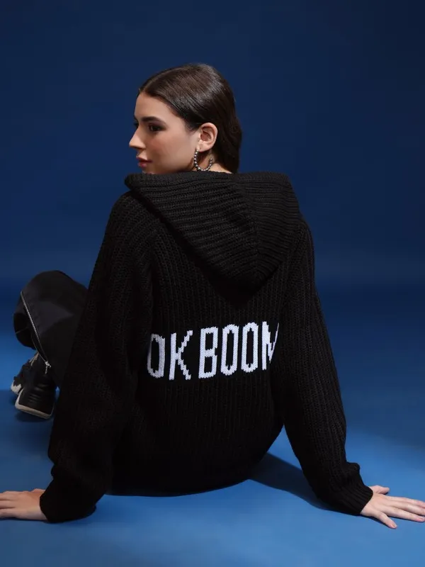 Tokyo Talkies Women Black Hood Sweater