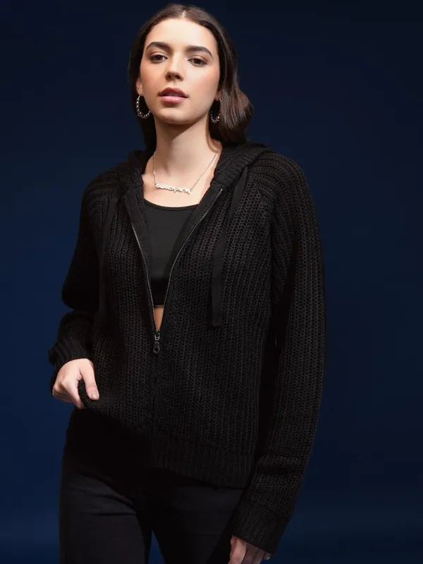 Tokyo Talkies Women Black Hood Sweater