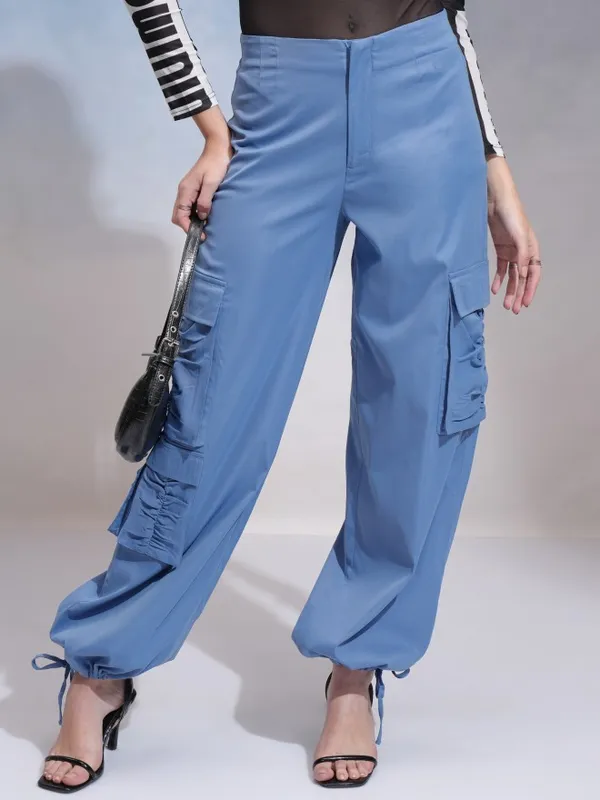 Tokyo Talkies Women Blue Solid Loose Fit Cargos