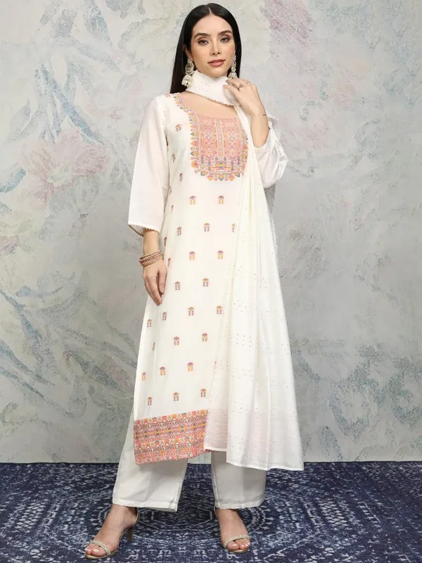 Vishudh Women Off White Printed Kurta With Trousers And Dupatta