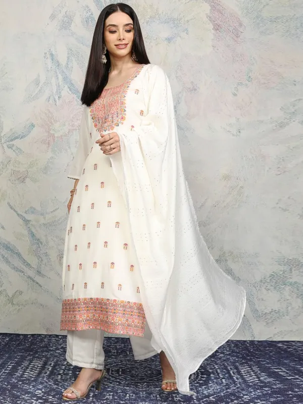 Vishudh Women Off White Printed Kurta With Trousers And Dupatta