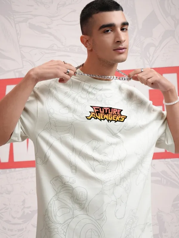 Marvel By Highlander Men Off White Avengers Printed Round Neck Oversized Fit T-Shirt
