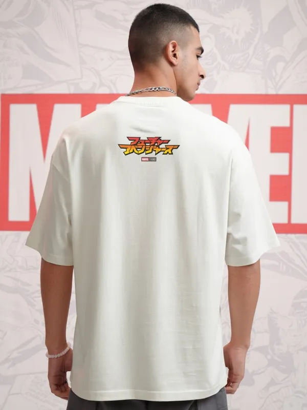 Marvel By Highlander Men Off White Avengers Printed Round Neck Oversized Fit T-Shirt