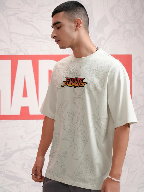 Marvel By Highlander Men Off White Avengers Printed Round Neck Oversized Fit T-Shirt