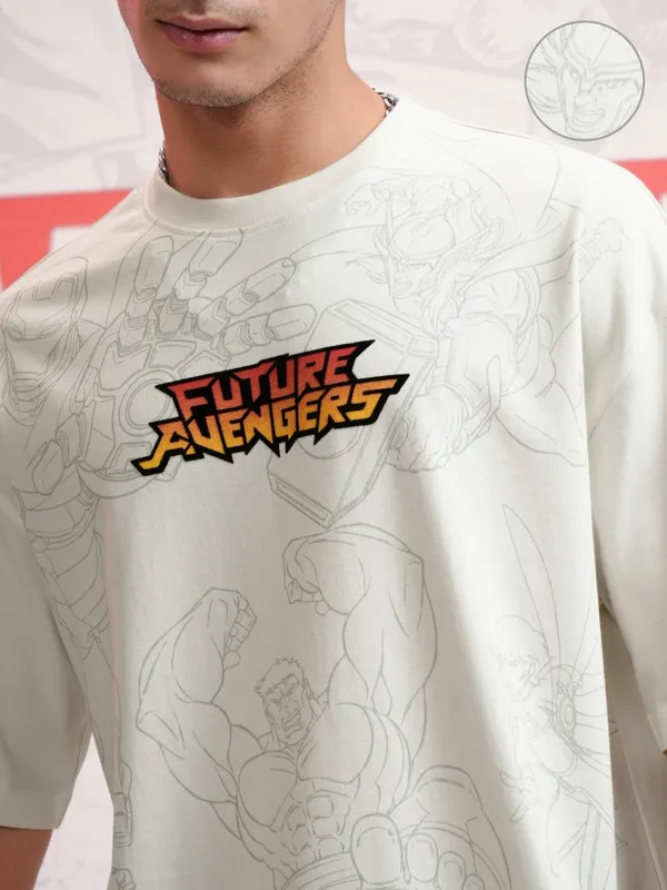 Marvel By Highlander Men Off White Avengers Printed Round Neck Oversized Fit T-Shirt