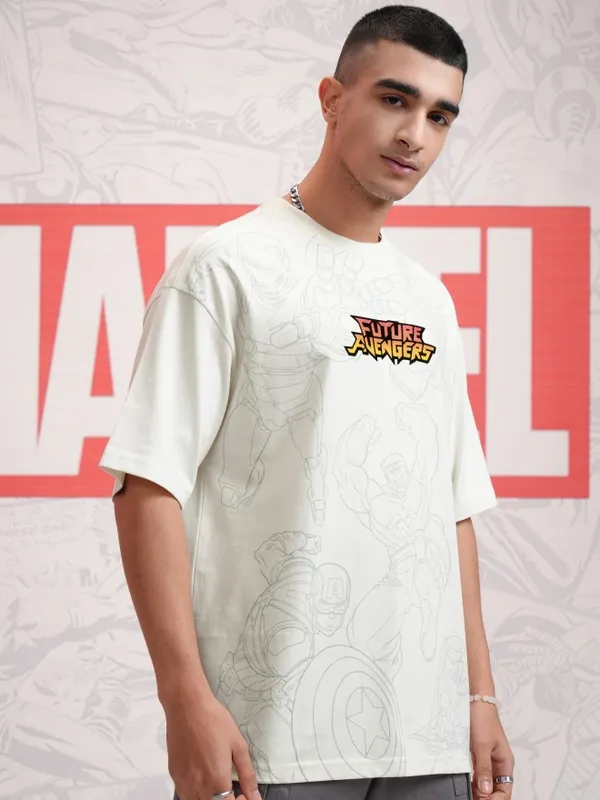 Marvel By Highlander Men Off White Avengers Printed Round Neck Oversized Fit T-Shirt