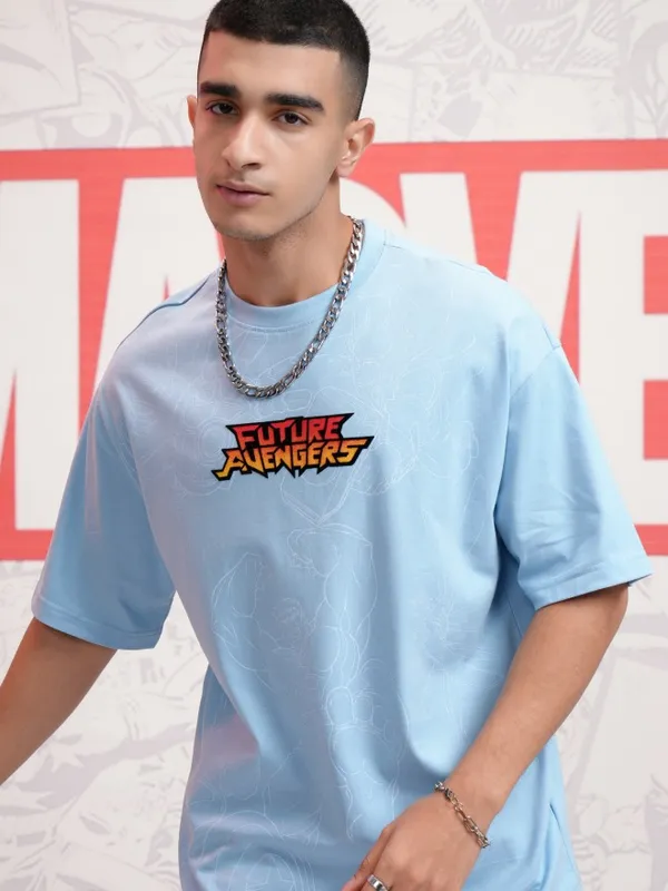 Marvel By Highlander Men Blue Avengers Printed Round Neck Oversized Fit T-Shirt