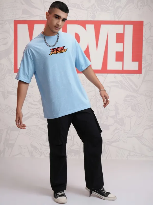 Marvel By Highlander Men Blue Avengers Printed Round Neck Oversized Fit T-Shirt