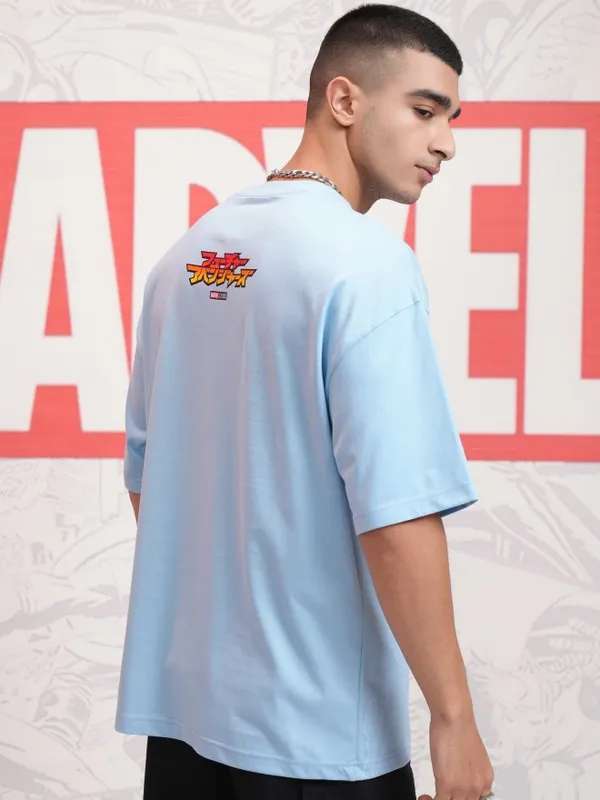Marvel By Highlander Men Blue Avengers Printed Round Neck Oversized Fit T-Shirt