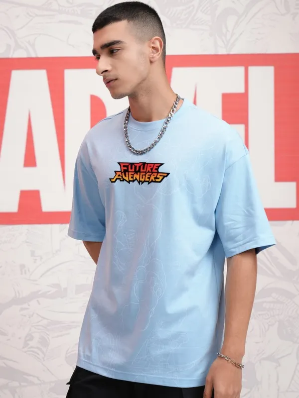 Marvel By Highlander Men Blue Avengers Printed Round Neck Oversized Fit T-Shirt