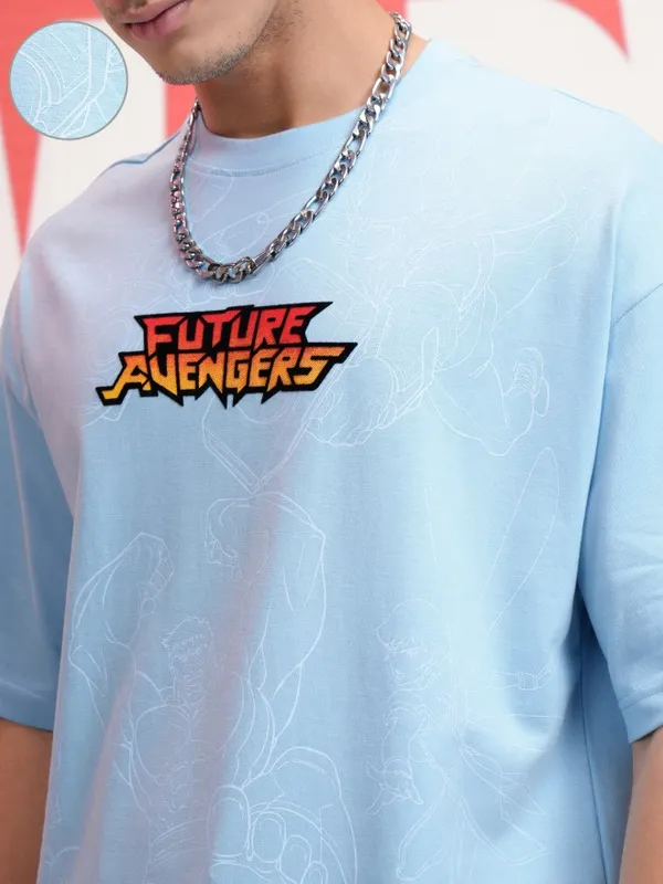 Marvel By Highlander Men Blue Avengers Printed Round Neck Oversized Fit T-Shirt