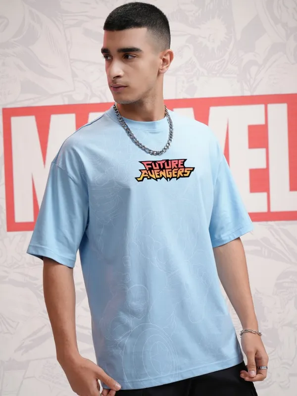 Marvel By Highlander Men Blue Avengers Printed Round Neck Oversized Fit T-Shirt