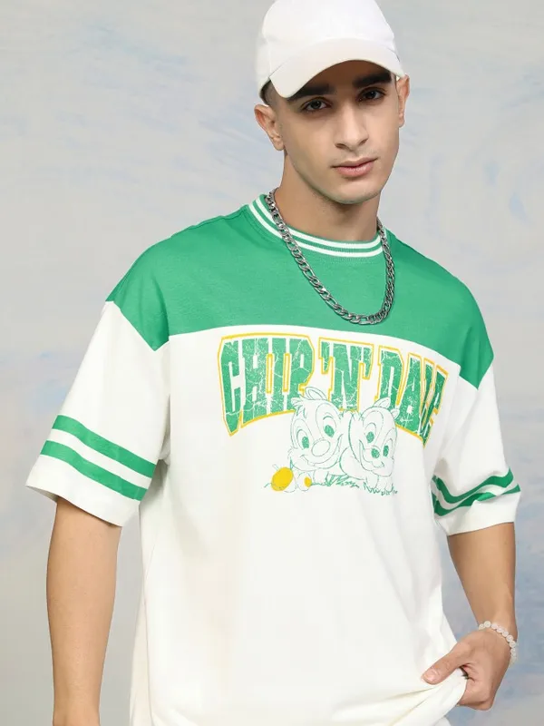 Disney By Highlander Men Green Chip And Dale Printed Round Neck Oversized Fit T-Shirt