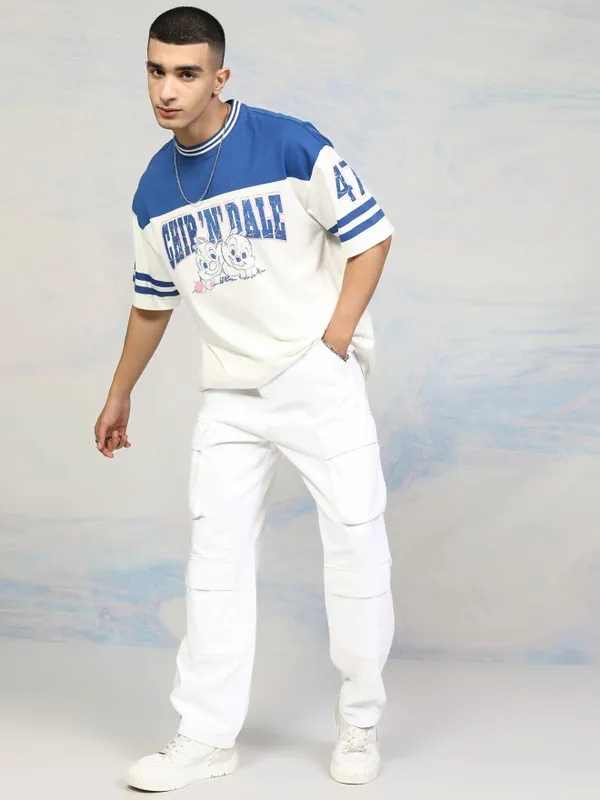 Disney By Highlander Men Blue Chip And Dale Printed Round Neck Oversized Fit T-Shirt