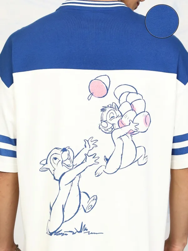 Disney By Highlander Men Blue Chip And Dale Printed Round Neck Oversized Fit T-Shirt