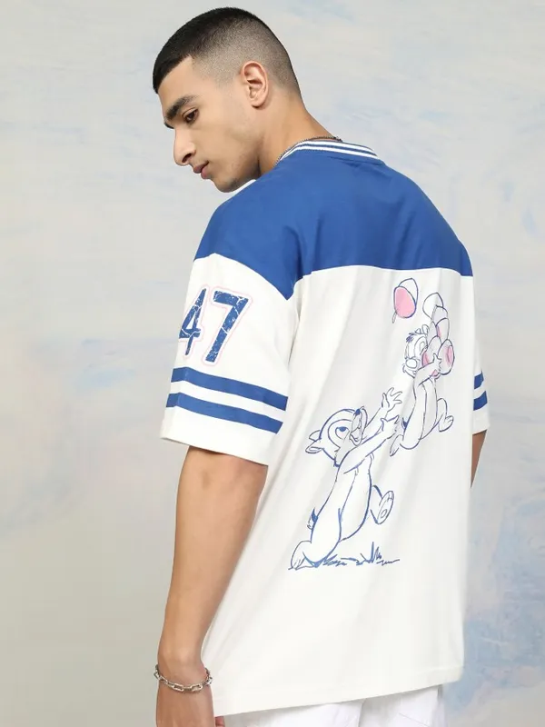 Disney By Highlander Men Blue Chip And Dale Printed Round Neck Oversized Fit T-Shirt
