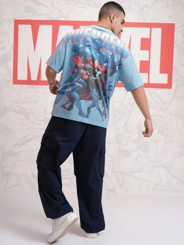 Marvel By Highlander Men Blue Avengers Printed Round Neck Oversized Fit T-Shirt