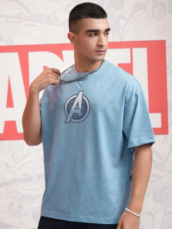 Marvel By Highlander Men Blue Avengers Printed Round Neck Oversized Fit T-Shirt
