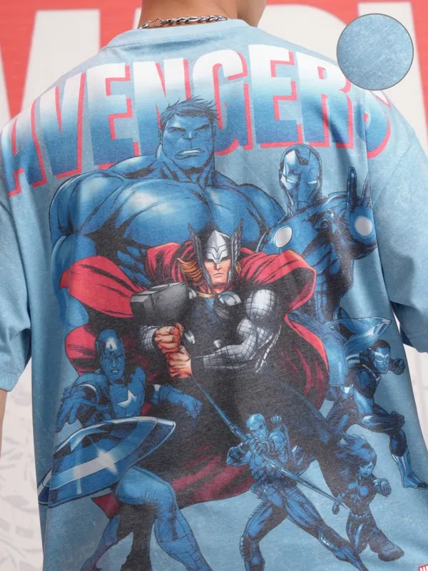 Marvel By Highlander Men Blue Avengers Printed Round Neck Oversized Fit T-Shirt