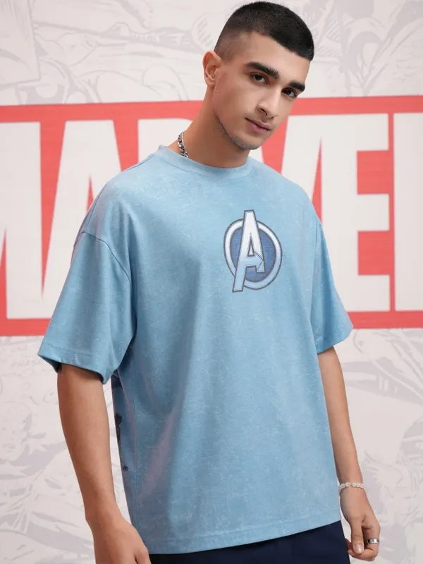 Marvel By Highlander Men Blue Avengers Printed Round Neck Oversized Fit T-Shirt