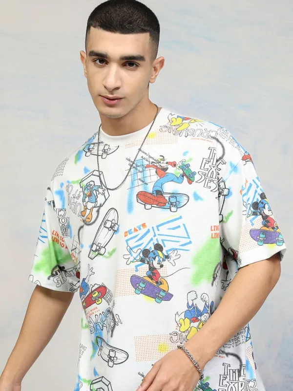 Disney By Highlander Men White Mickey Mouse Printed Round Neck Oversized Fit T-Shirt