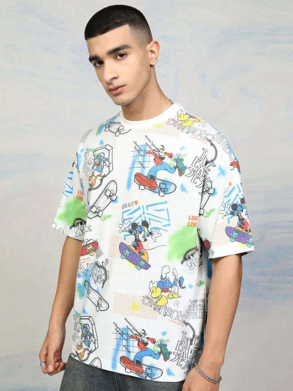 Disney By Highlander Men White Mickey Mouse Printed Round Neck Oversized Fit T-Shirt