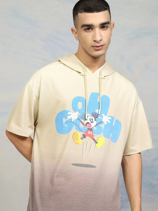 Disney By Highlander Men Beige Mickey Mouse Printed Hood Oversized Fit T-Shirt