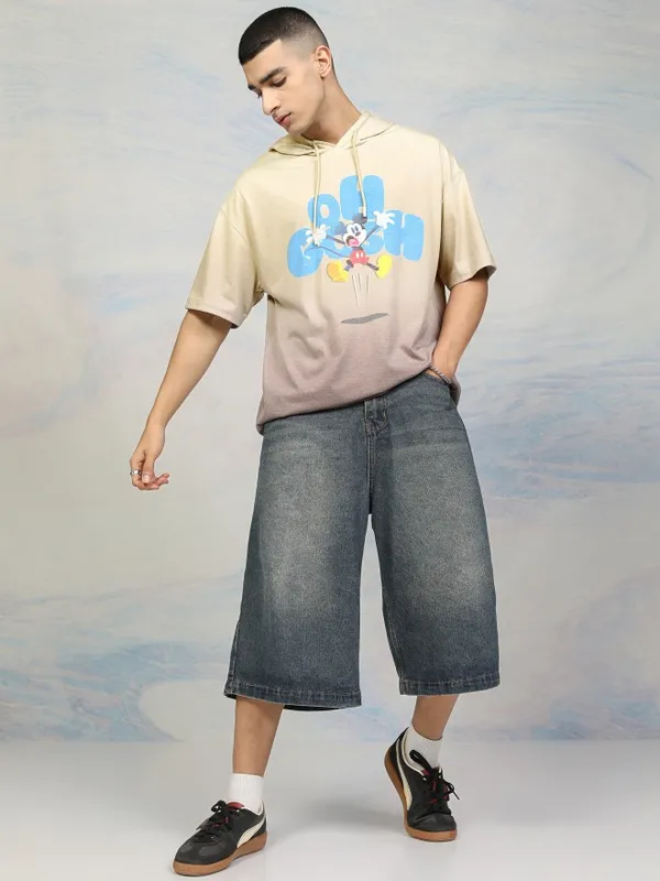 Disney By Highlander Men Beige Mickey Mouse Printed Hood Oversized Fit T-Shirt