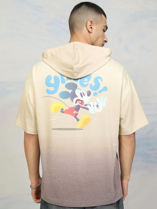 Disney By Highlander Men Beige Mickey Mouse Printed Hood Oversized Fit T-Shirt
