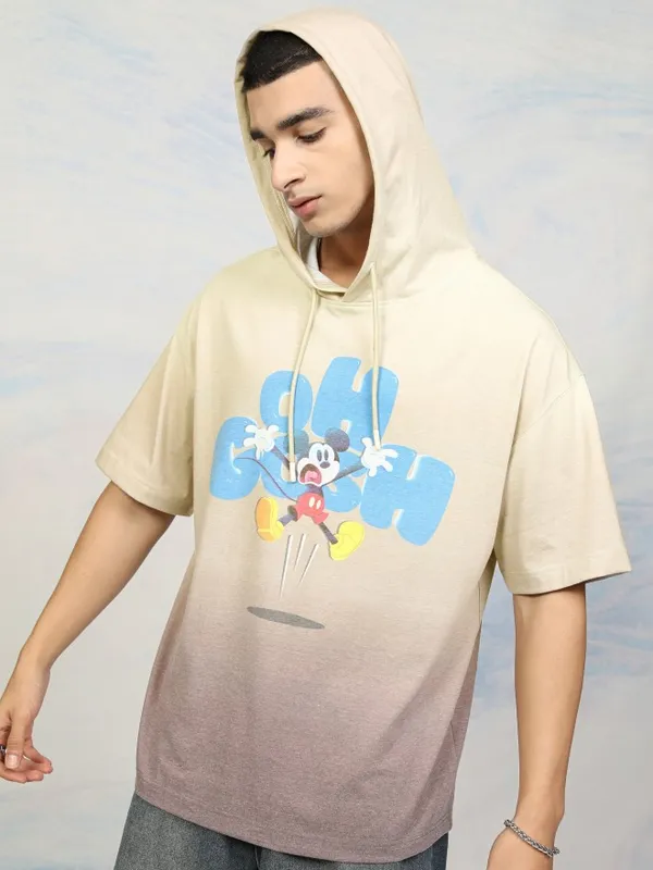 Disney By Highlander Men Beige Mickey Mouse Printed Hood Oversized Fit T-Shirt