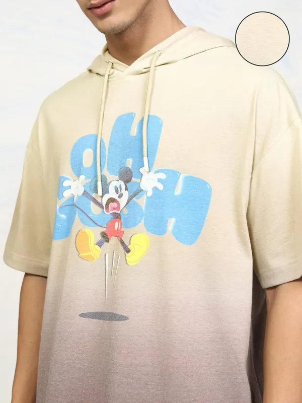 Disney By Highlander Men Beige Mickey Mouse Printed Hood Oversized Fit T-Shirt