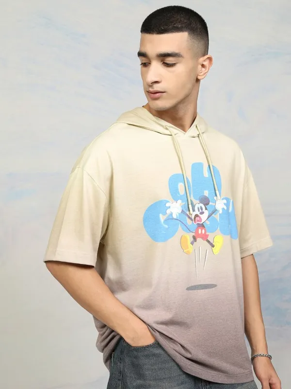 Disney By Highlander Men Beige Mickey Mouse Printed Hood Oversized Fit T-Shirt