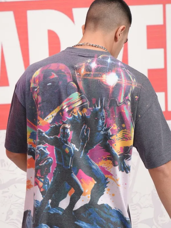 Marvel By Highlander Men Black Guardians Of The Galaxy Printed Round Neck Oversized Fit T-Shirt