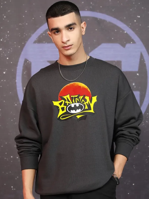 DC By Highlander Men Grey Batman Round Neck Pullover Sweatshirt