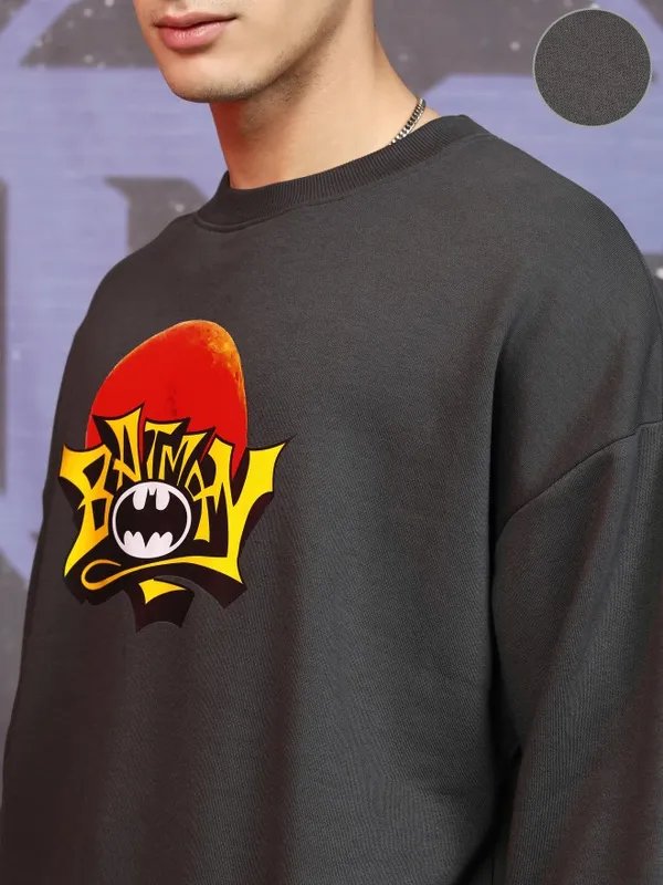 DC By Highlander Men Grey Batman Round Neck Pullover Sweatshirt