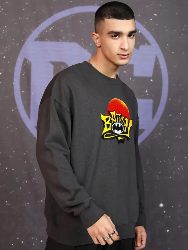DC By Highlander Men Grey Batman Round Neck Pullover Sweatshirt
