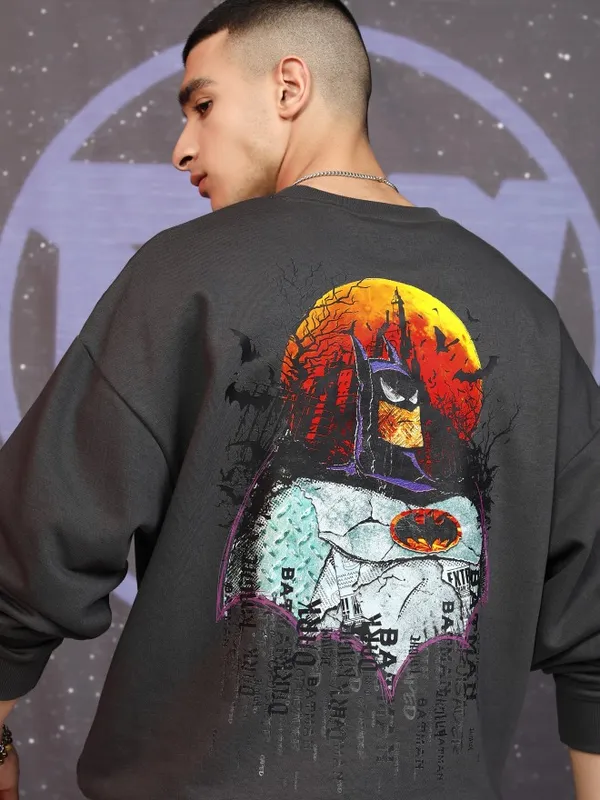 DC Comics By Highlander Men Grey Batman Round Neck Pullover Sweatshirt