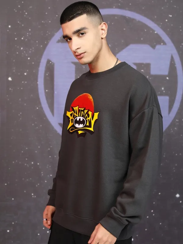 DC Comics By Highlander Men Grey Batman Round Neck Pullover Sweatshirt
