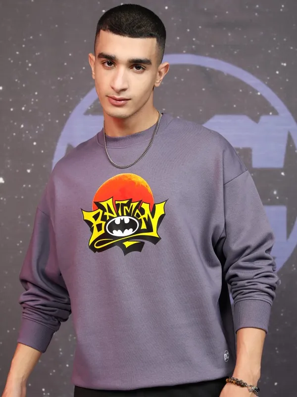DC Comics By Highlander Men Purple Batman Round Neck Pullover Sweatshirt