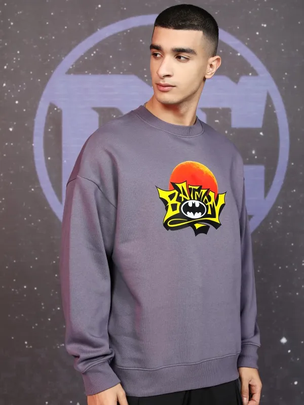 DC Comics By Highlander Men Purple Batman Round Neck Pullover Sweatshirt