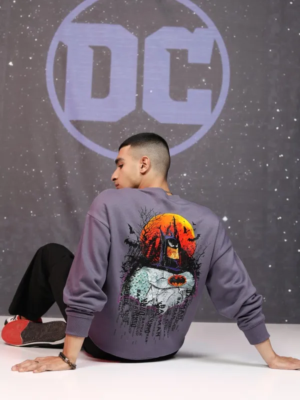 DC Comics By Highlander Men Purple Batman Round Neck Pullover Sweatshirt