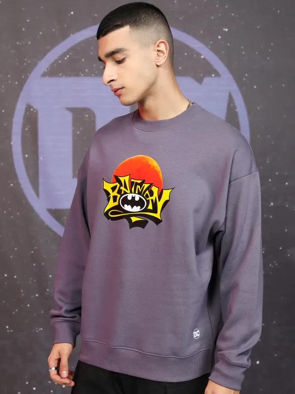 DC Comics By Highlander Men Purple Batman Round Neck Pullover Sweatshirt