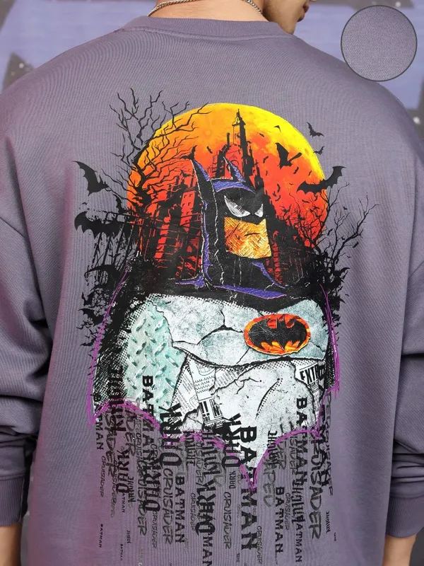 DC Comics By Highlander Men Purple Batman Round Neck Pullover Sweatshirt